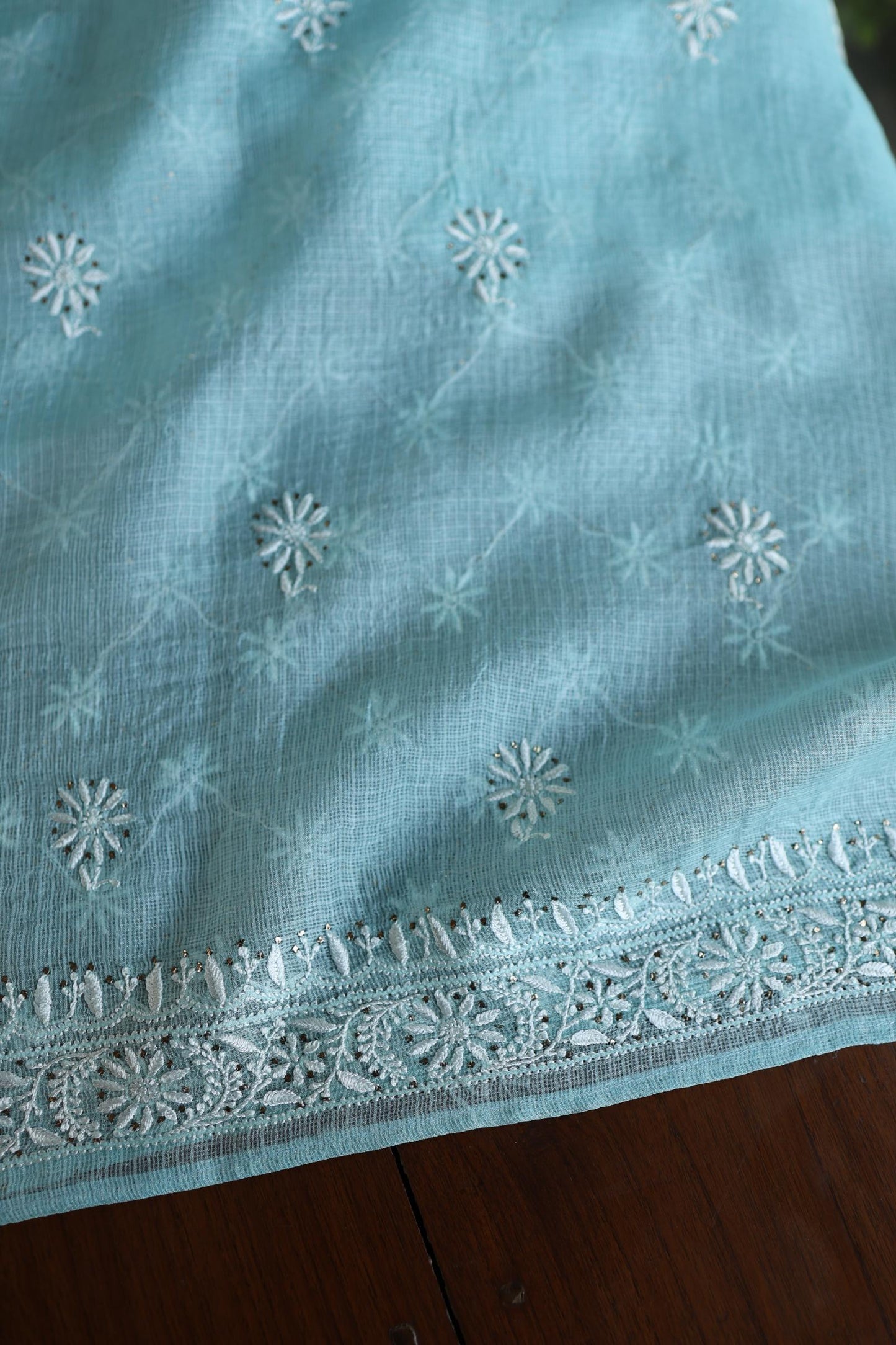 Cyan Blue Rasm Kota Tussar Chikankari Unstitched Chikankari Fabric