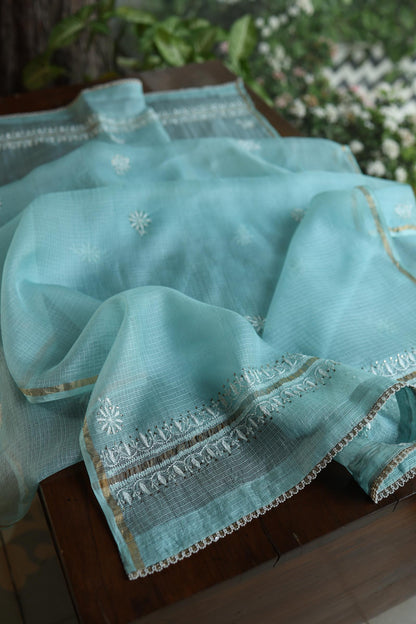 Cyan Blue Rasm Kota Tussar Chikankari Unstitched Chikankari Fabric