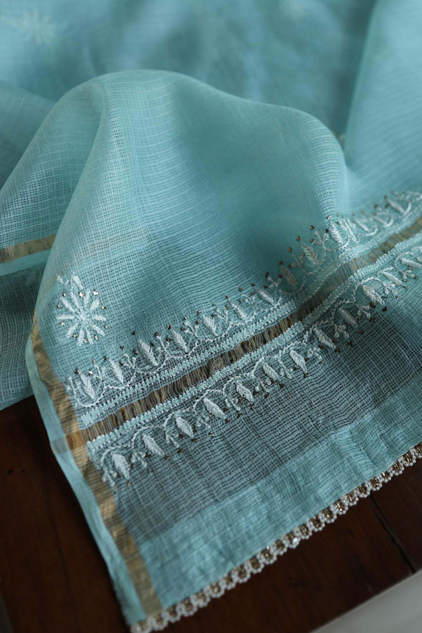 Cyan Blue Rasm Kota Tussar Chikankari Unstitched Chikankari Fabric