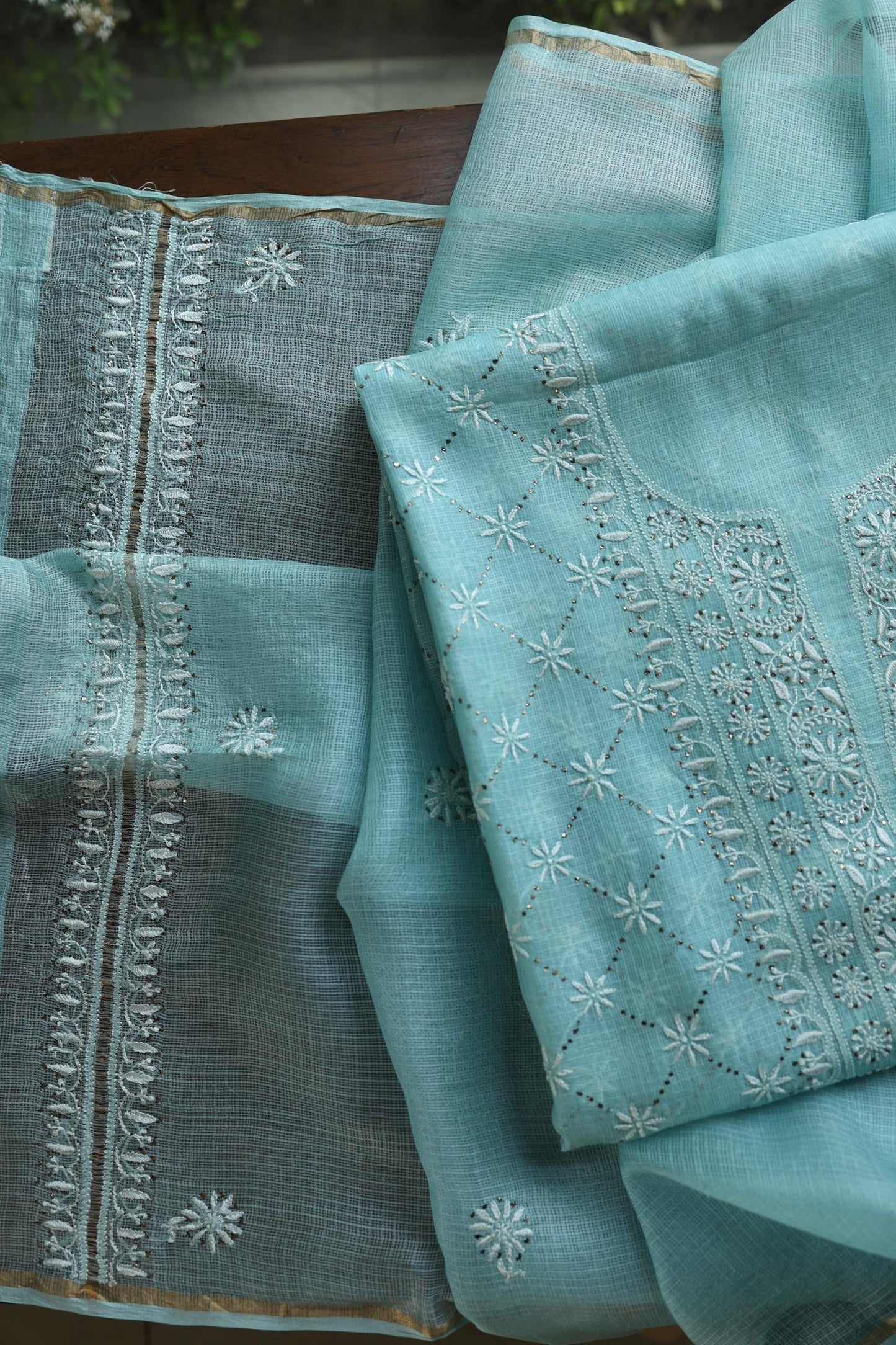 Cyan Blue Rasm Kota Tussar Chikankari Unstitched Chikankari Fabric