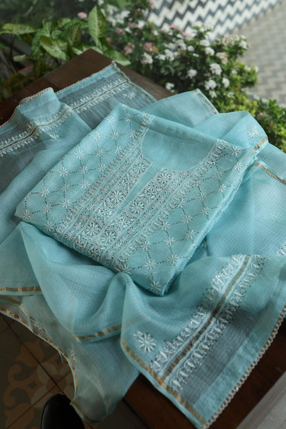 Cyan Blue Rasm Kota Tussar Chikankari Unstitched Chikankari Fabric