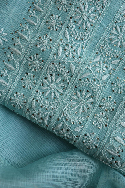 Cyan Blue Rasm Kota Tussar Chikankari Unstitched Chikankari Fabric