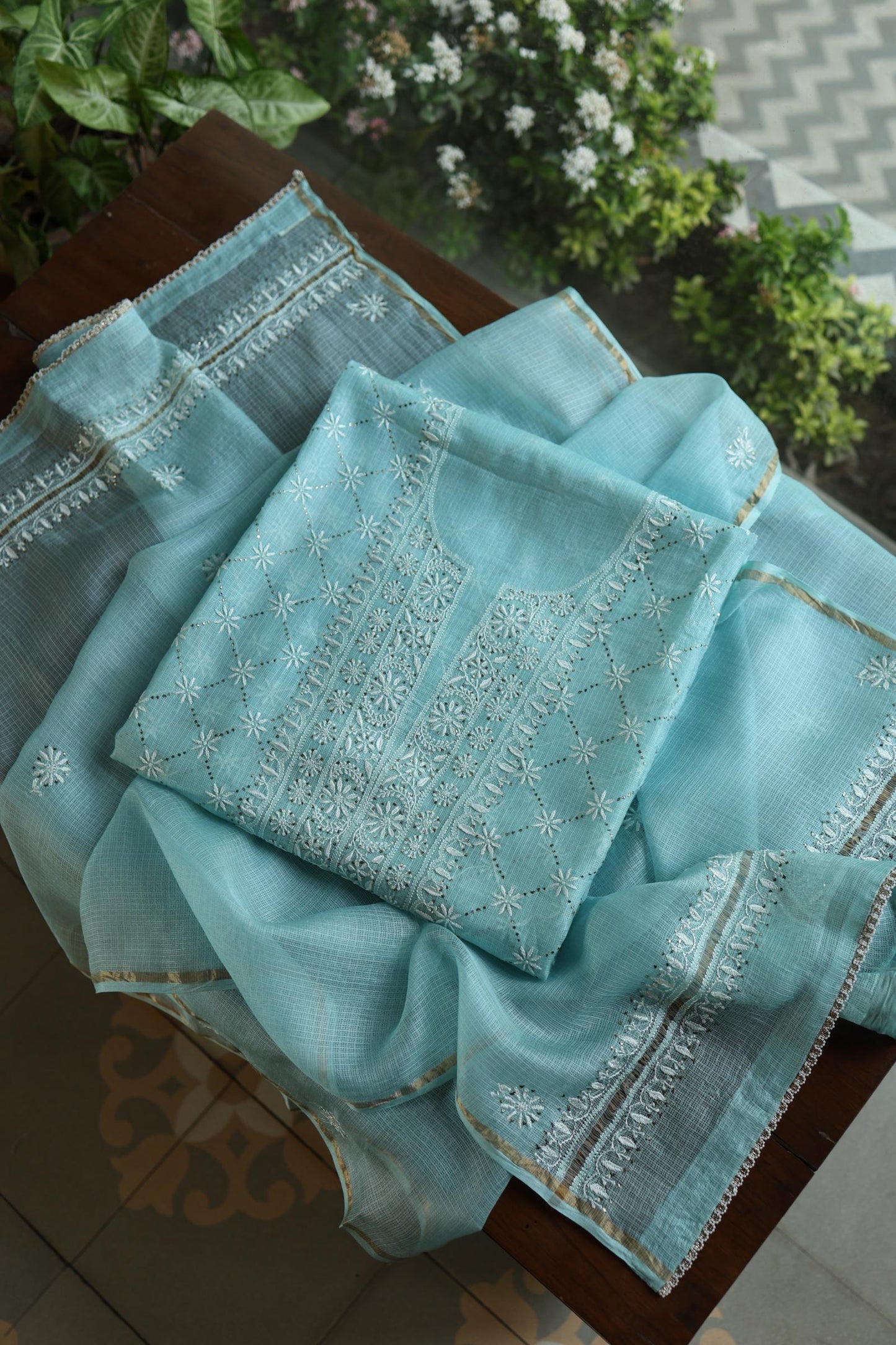 Cyan Blue Rasm Kota Tussar Chikankari Unstitched Chikankari Fabric