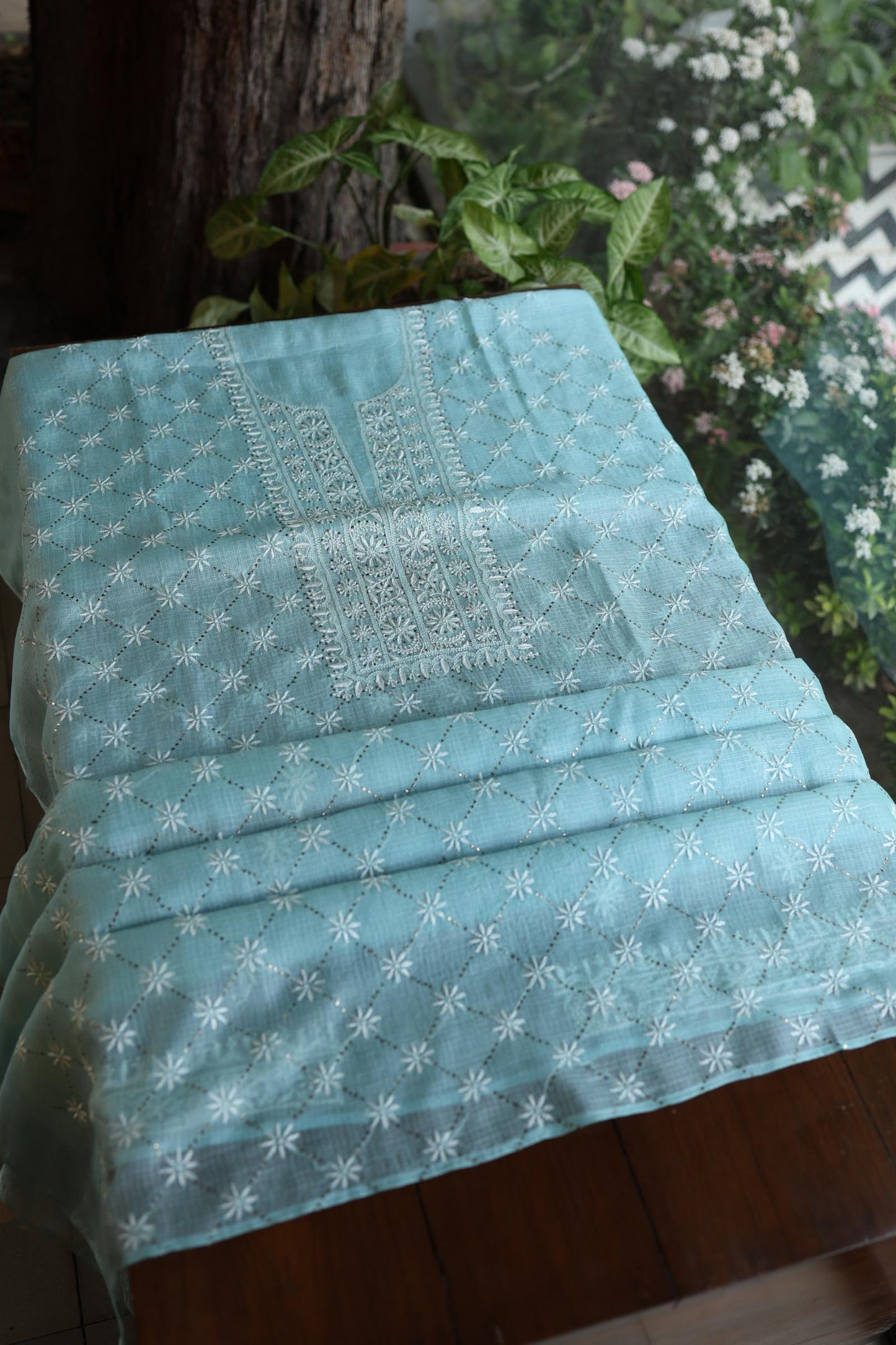 Cyan Blue Rasm Kota Tussar Chikankari Unstitched Chikankari Fabric
