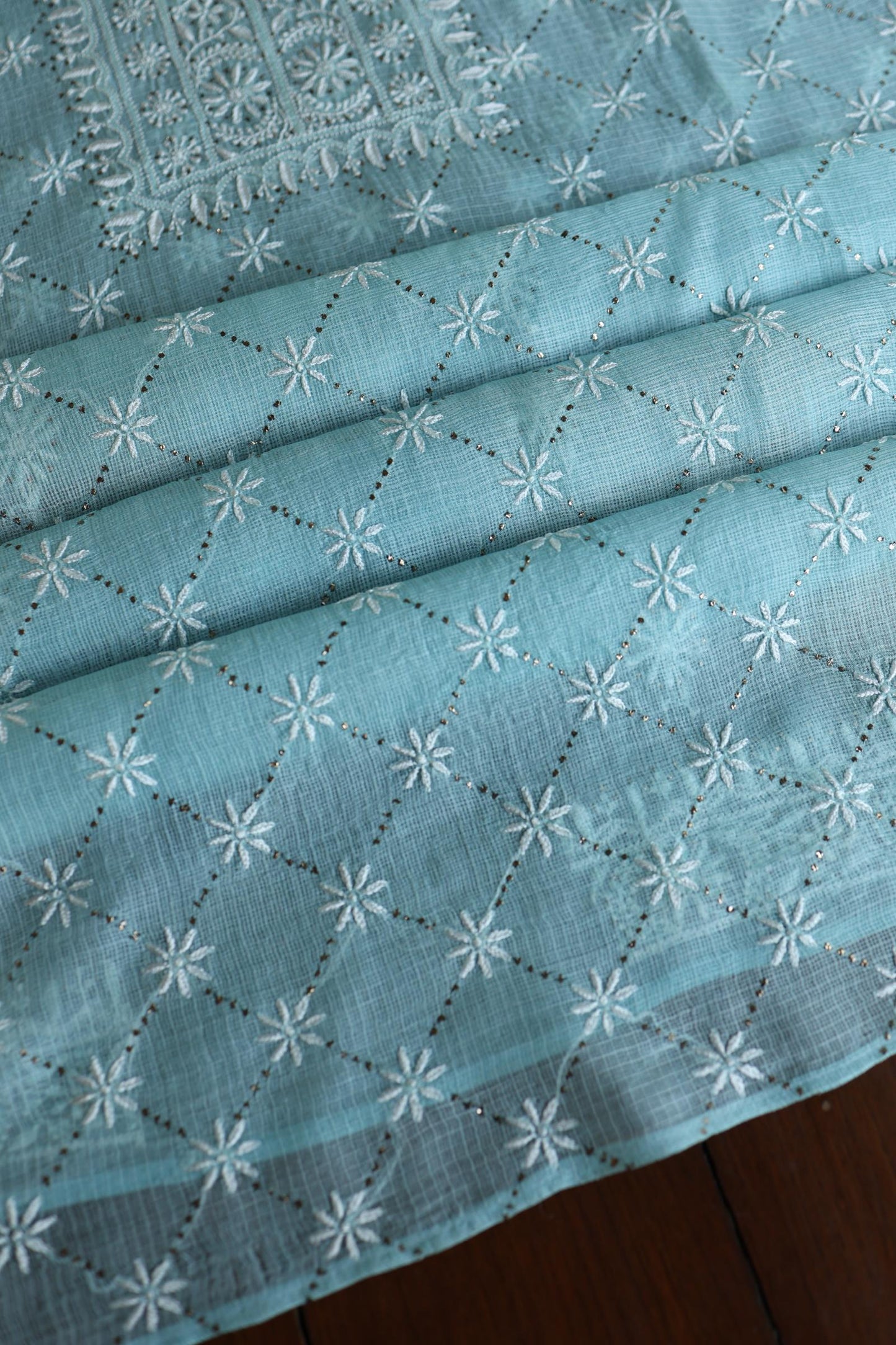 Cyan Blue Rasm Kota Tussar Chikankari Unstitched Chikankari Fabric