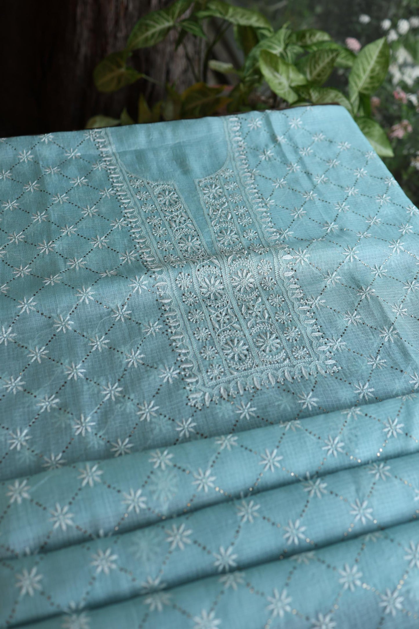 Cyan Blue Rasm Kota Tussar Chikankari Unstitched Chikankari Fabric