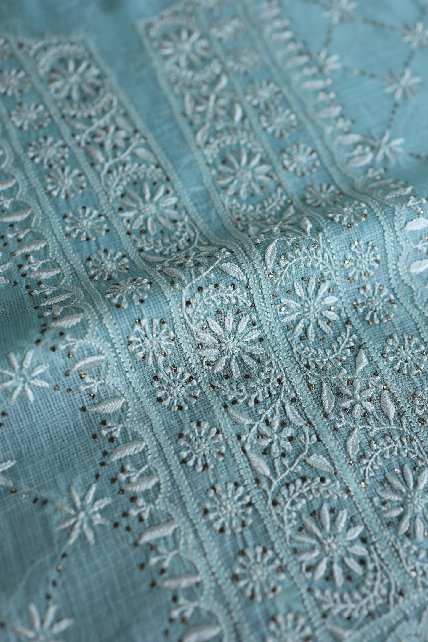 Cyan Blue Rasm Kota Tussar Chikankari Unstitched Chikankari Fabric