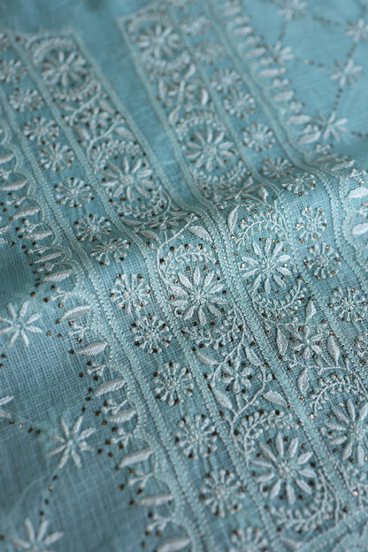 Cyan Blue Rasm Kota Tussar Chikankari Unstitched Chikankari Fabric