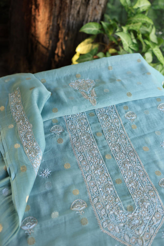 Cyan Blue Shade Shade Zari Chanderi Unisex Chikankari Unstitched Men’s Kurta Fabric