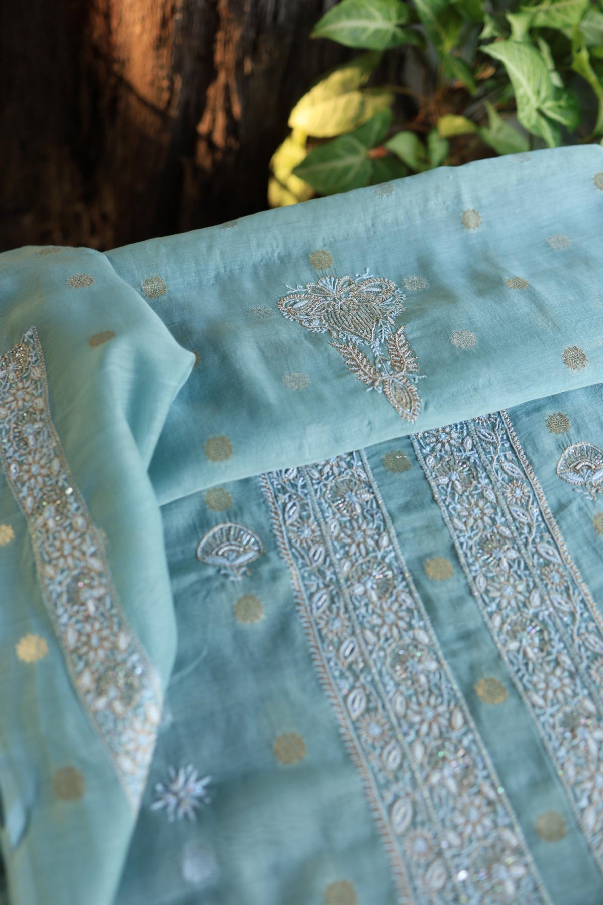 Cyan Blue Shade Zari Chanderi Unisex Chikankari Unstitched Men’s Kurta Fabric