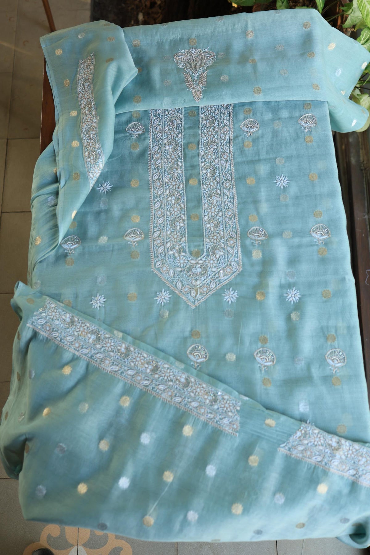 Cyan Blue Shade Zari Chanderi Unisex Chikankari Unstitched Men’s Kurta Fabric