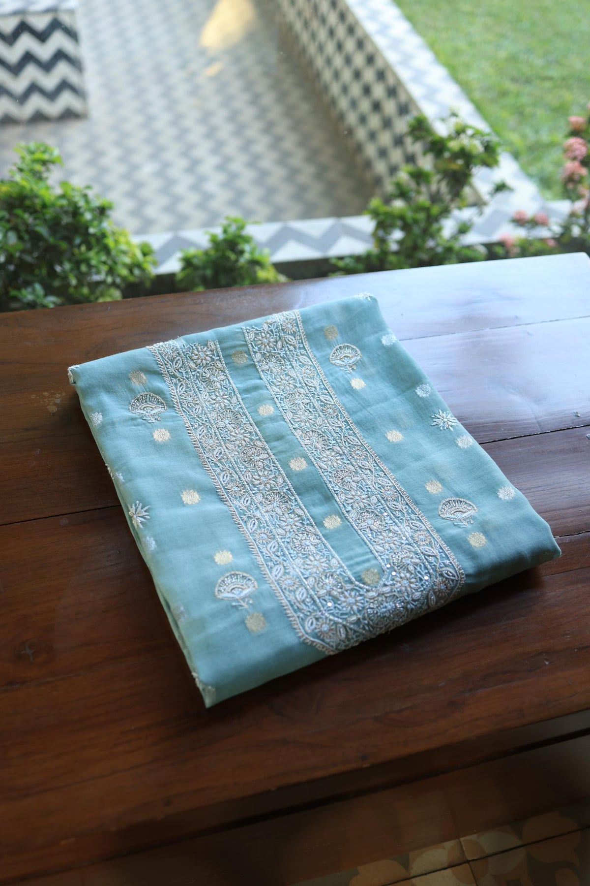 Cyan Blue Shade Zari Chanderi Unisex Chikankari Unstitched Men’s Kurta Fabric