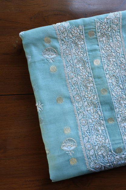 Cyan Blue Shade Zari Chanderi Unisex Chikankari Unstitched Men’s Kurta Fabric