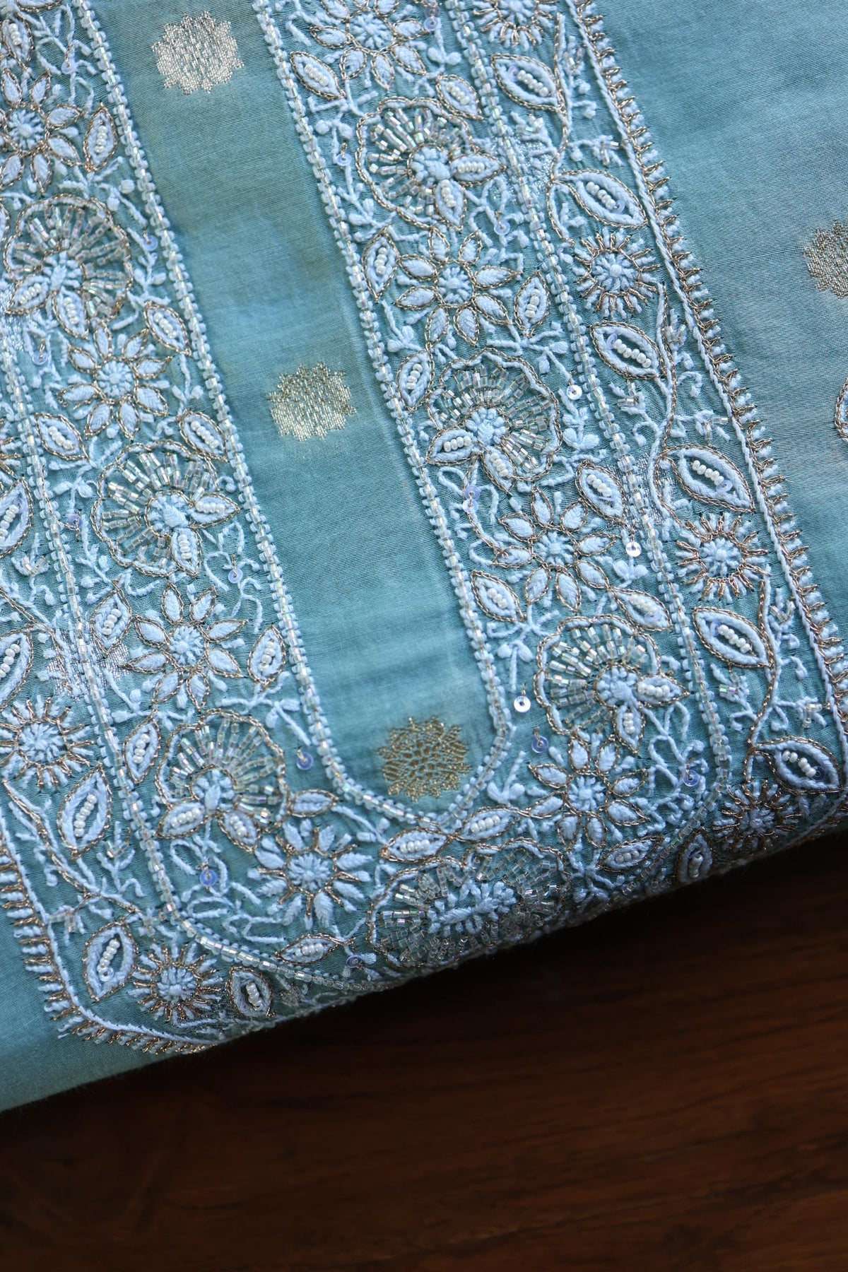 Cyan Blue Shade Zari Chanderi Unisex Chikankari Unstitched Men’s Kurta Fabric