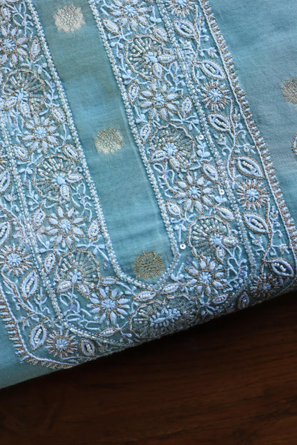 Cyan Blue Shade Zari Chanderi Unisex Chikankari Unstitched Men’s Kurta Fabric