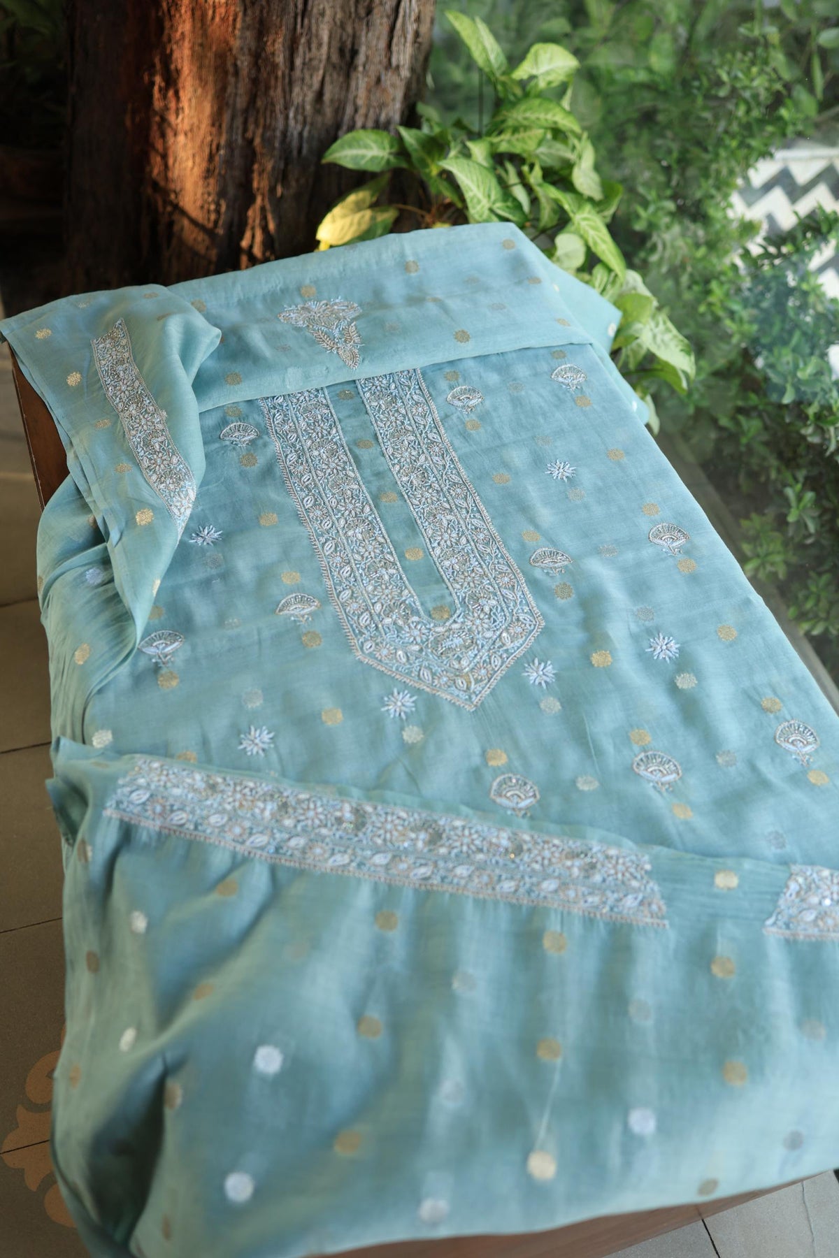 Cyan Blue Shade Zari Chanderi Unisex Chikankari Unstitched Men’s Kurta Fabric