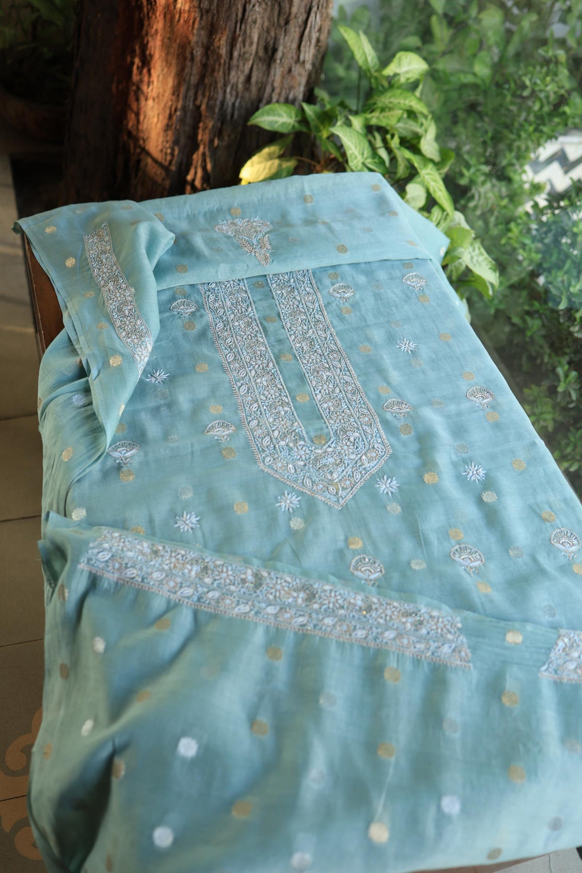 Cyan Blue Shade Zari Chanderi Unisex Chikankari Unstitched Men’s Kurta Fabric