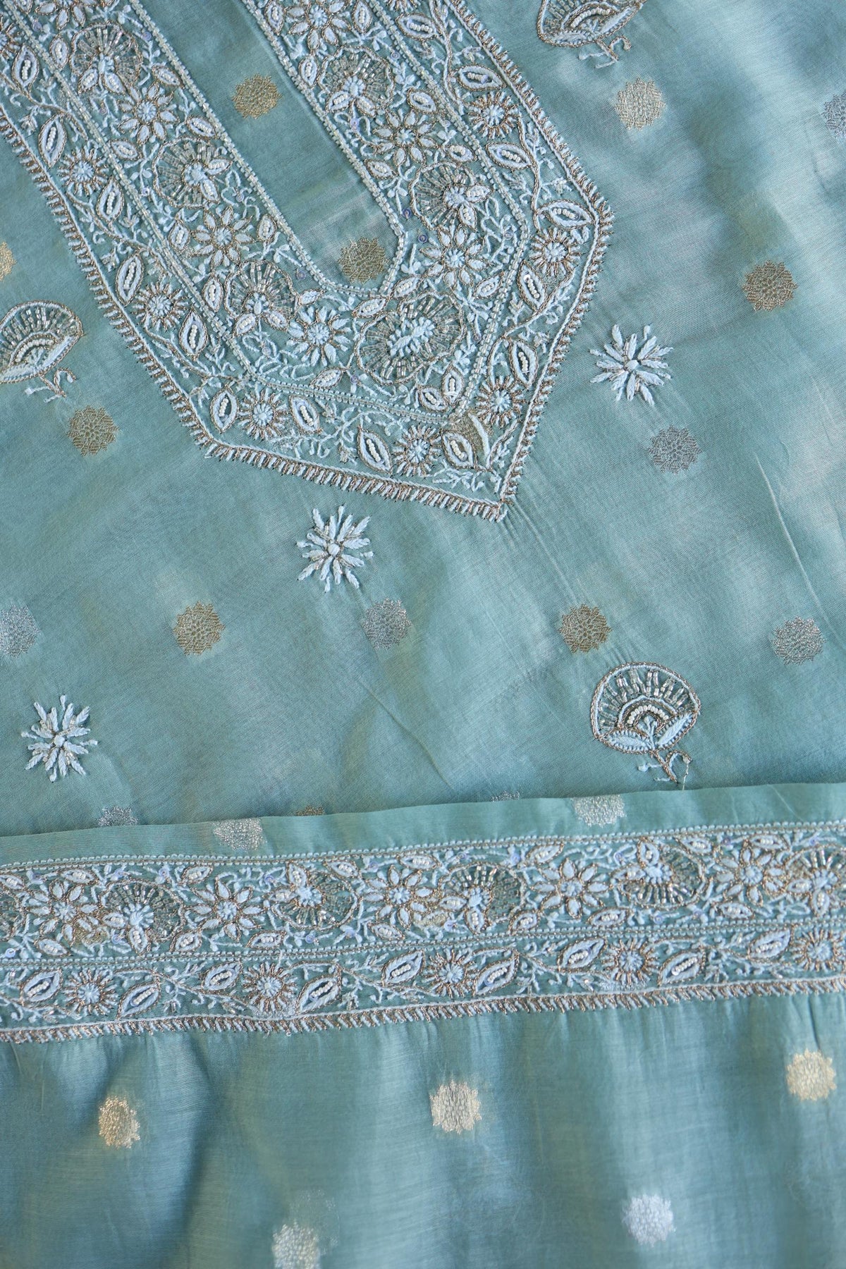 Cyan Blue Shade Zari Chanderi Unisex Chikankari Unstitched Men’s Kurta Fabric