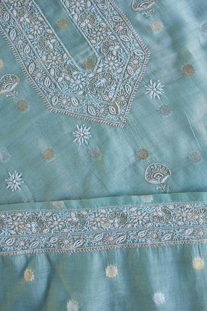 Cyan Blue Shade Zari Chanderi Unisex Chikankari Unstitched Men’s Kurta Fabric