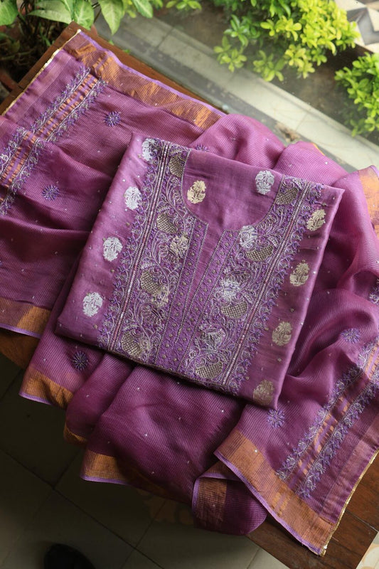 Dark Mauve Banarasi Zari Chanderi Unstitched Chikankari Fabrics