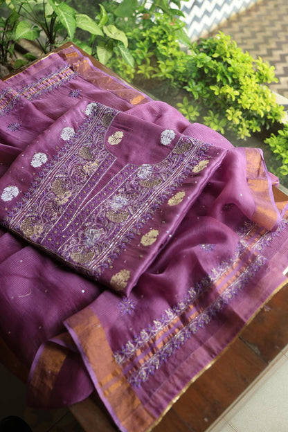 Dark Mauve Banarasi Zari Chanderi Unstitched Chikankari Fabrics