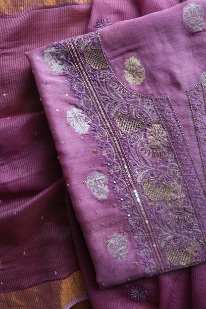 Dark Mauve Banarasi Zari Chanderi Unstitched Chikankari Fabrics
