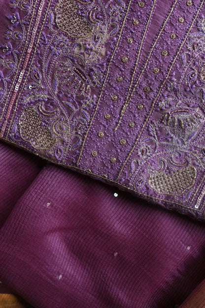 Dark Mauve Banarasi Zari Chanderi Unstitched Chikankari Fabrics