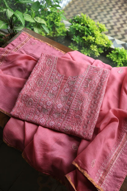 Dark Pink Maheshwari Chikankari Unstitched Fabric