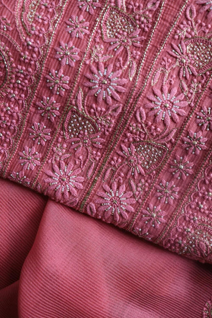 Dark Pink Maheshwari Chikankari Unstitched Fabric