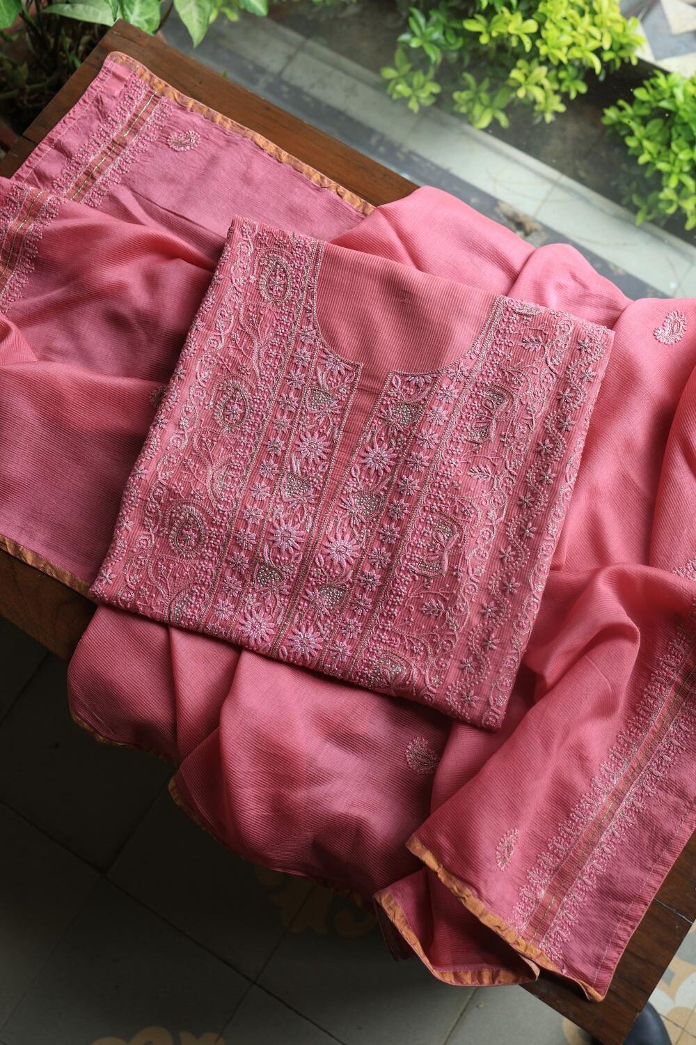 Dark Pink Maheshwari Chikankari Unstitched Fabric