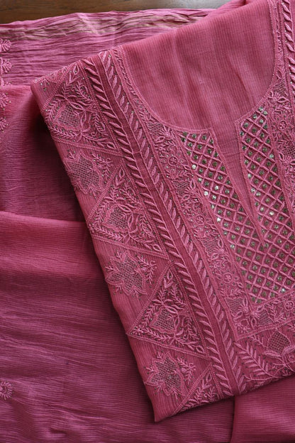 Dark Pink Mal Cotton Fine Chikankari With Kamdani Work Unstitched Fabric