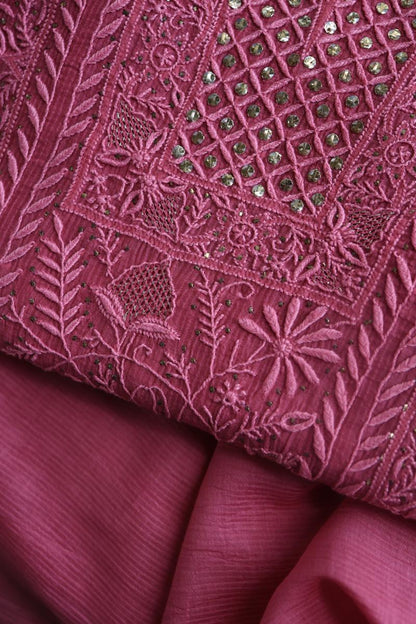 Dark Pink Mal Cotton Fine Chikankari With Kamdani Work Unstitched Fabric
