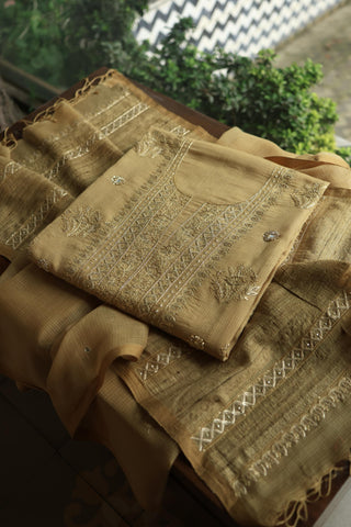 Dark Beige Handloom Kota Chikankari With Mirror Work Unstitched Kurta Dupatta Set