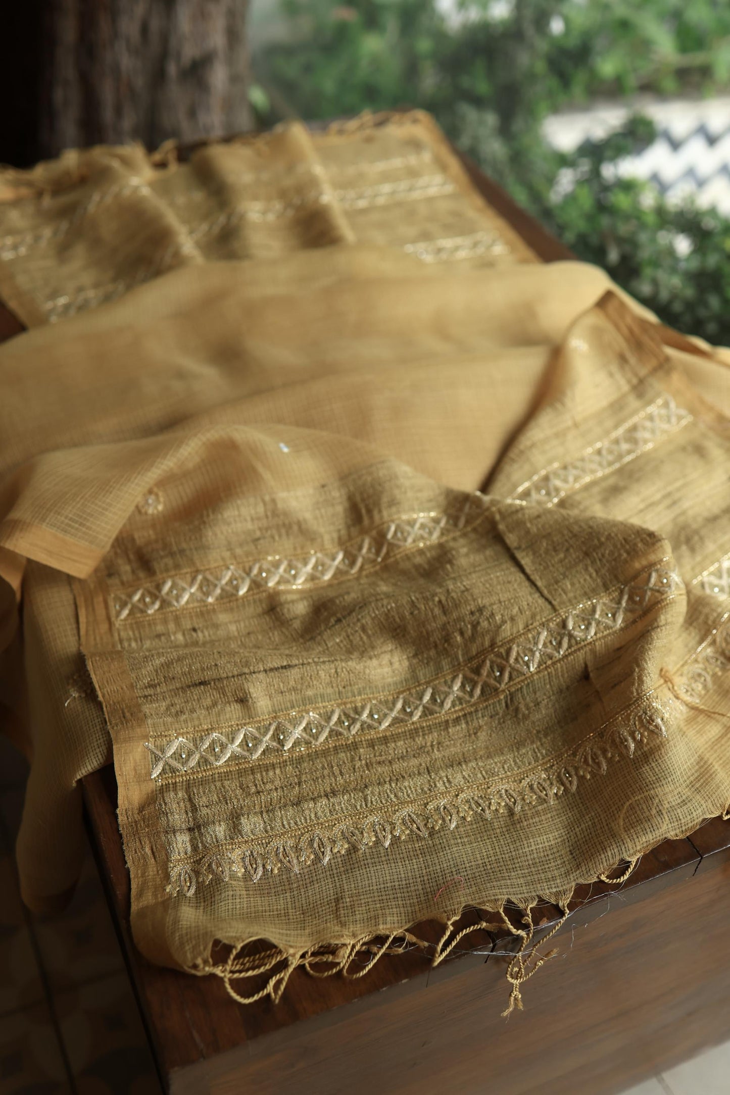 Dark Beige Handloom Kota Chikankari With Mirror Work Unstitched Kurta Dupatta Set
