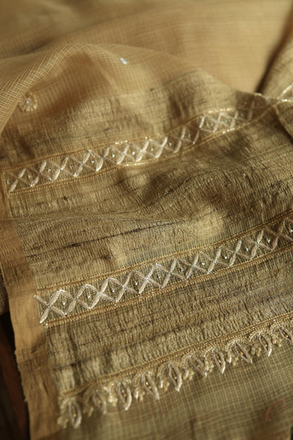Dark Beige Handloom Kota Chikankari With Mirror Work Unstitched Kurta Dupatta Set