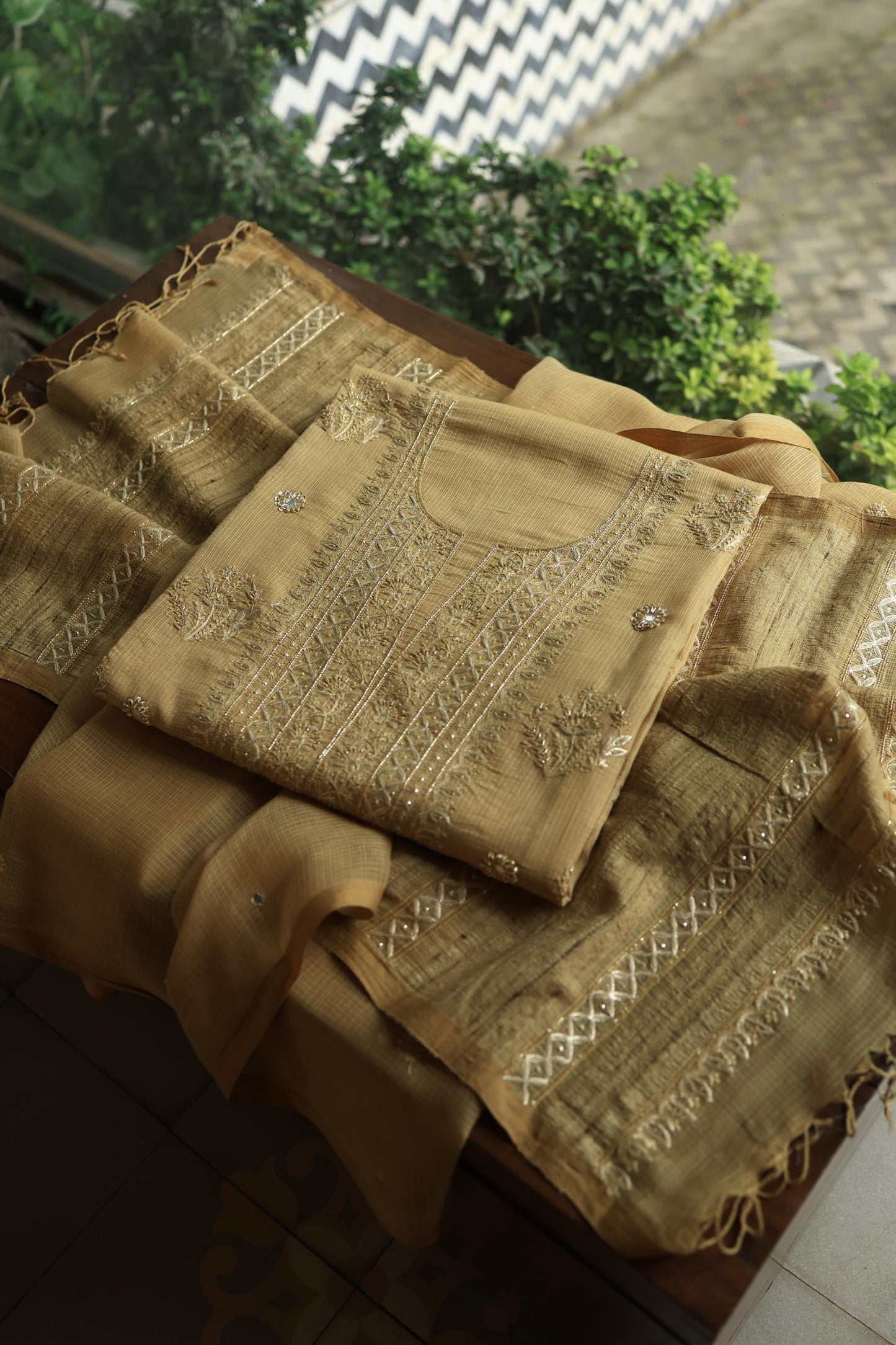 Dark Beige Handloom Kota Chikankari With Mirror Work Unstitched Kurta Dupatta Set