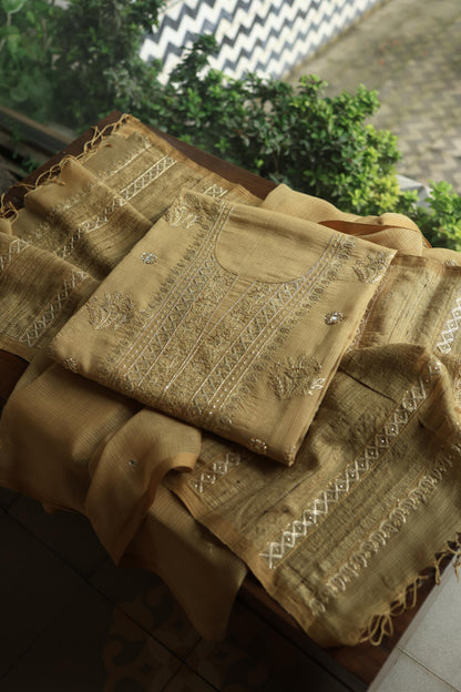 Dark Beige Handloom Kota Chikankari With Mirror Work Unstitched Kurta Dupatta Set