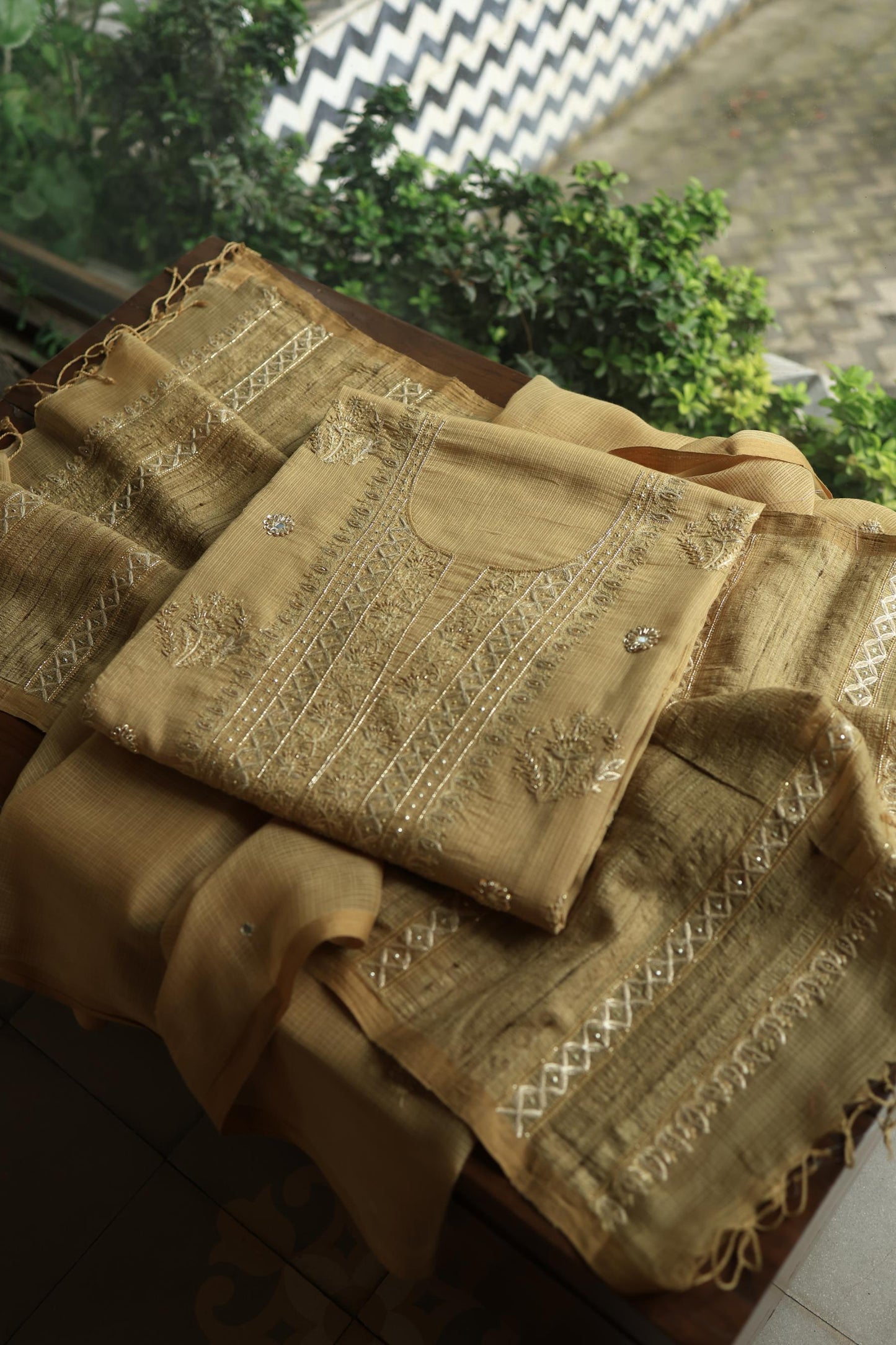 Dark Beige Handloom Kota Chikankari With Mirror Work Unstitched Kurta Dupatta Set