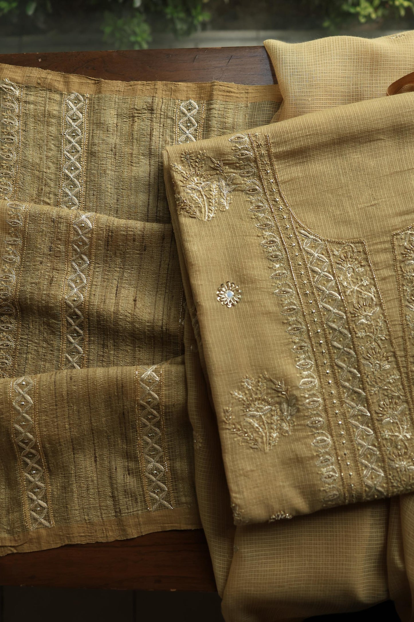 Dark Beige Handloom Kota Chikankari With Mirror Work Unstitched Kurta Dupatta Set