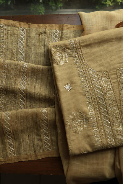 Dark Beige Handloom Kota Chikankari With Mirror Work Unstitched Kurta Dupatta Set