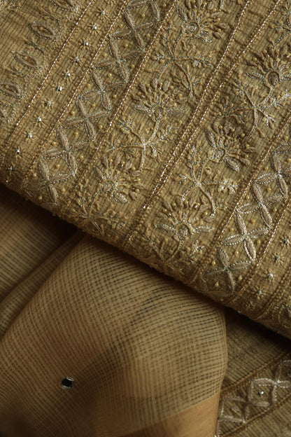 Dark Beige Handloom Kota Chikankari With Mirror Work Unstitched Kurta Dupatta Set