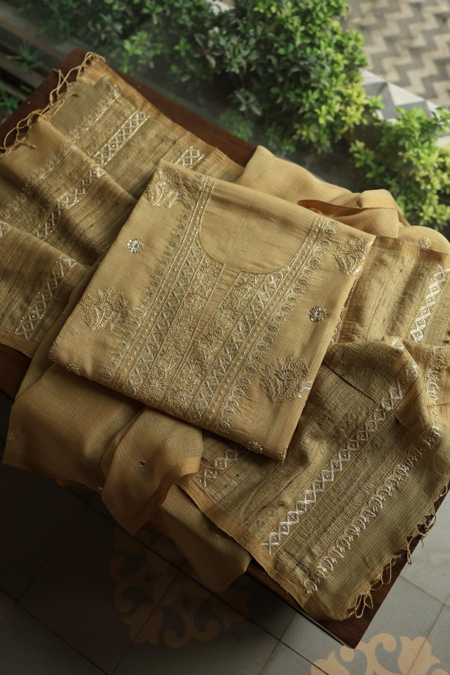 Dark Beige Handloom Kota Chikankari With Mirror Work Unstitched Kurta Dupatta Set