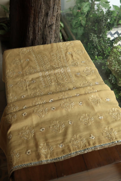 Dark Beige Handloom Kota Chikankari With Mirror Work Unstitched Kurta Dupatta Set