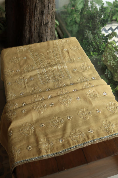 Dark Beige Handloom Kota Chikankari With Mirror Work Unstitched Kurta Dupatta Set
