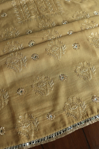 Dark Beige Handloom Kota Chikankari With Mirror Work Unstitched Kurta Dupatta Set