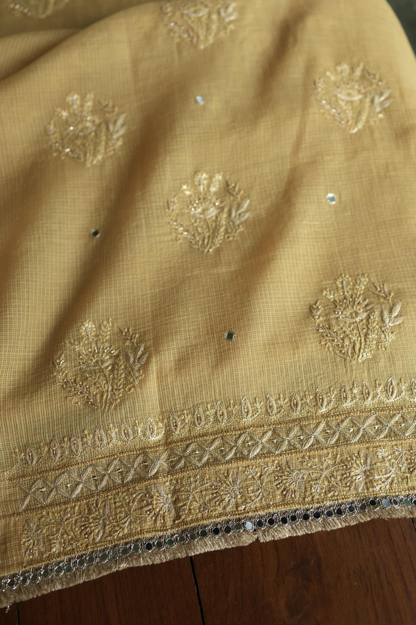 Dark Beige Handloom Kota Chikankari With Mirror Work Unstitched Kurta Dupatta Set