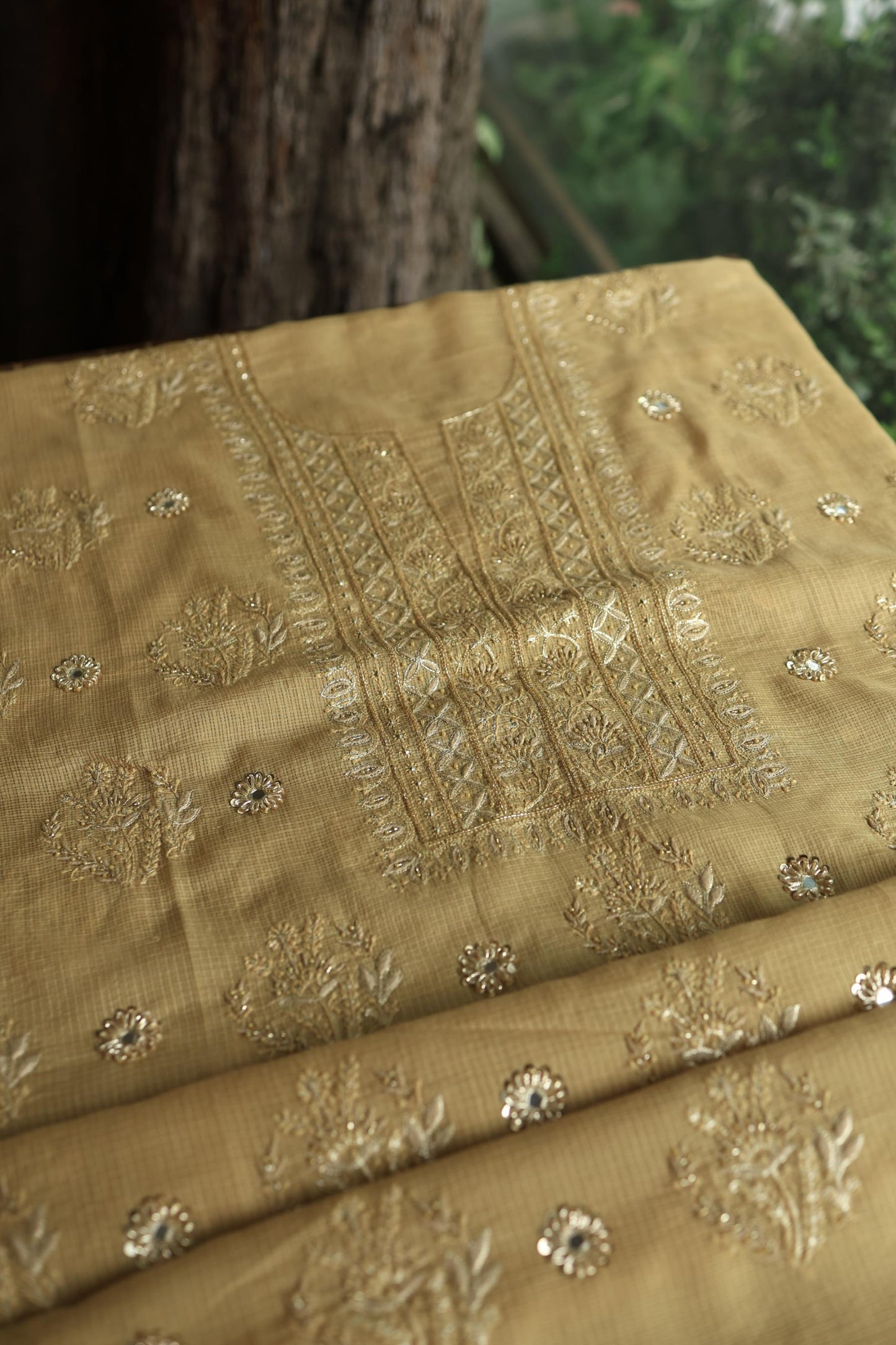 Dark Beige Handloom Kota Chikankari With Mirror Work Unstitched Kurta Dupatta Set