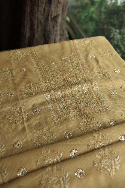 Dark Beige Handloom Kota Chikankari With Mirror Work Unstitched Kurta Dupatta Set