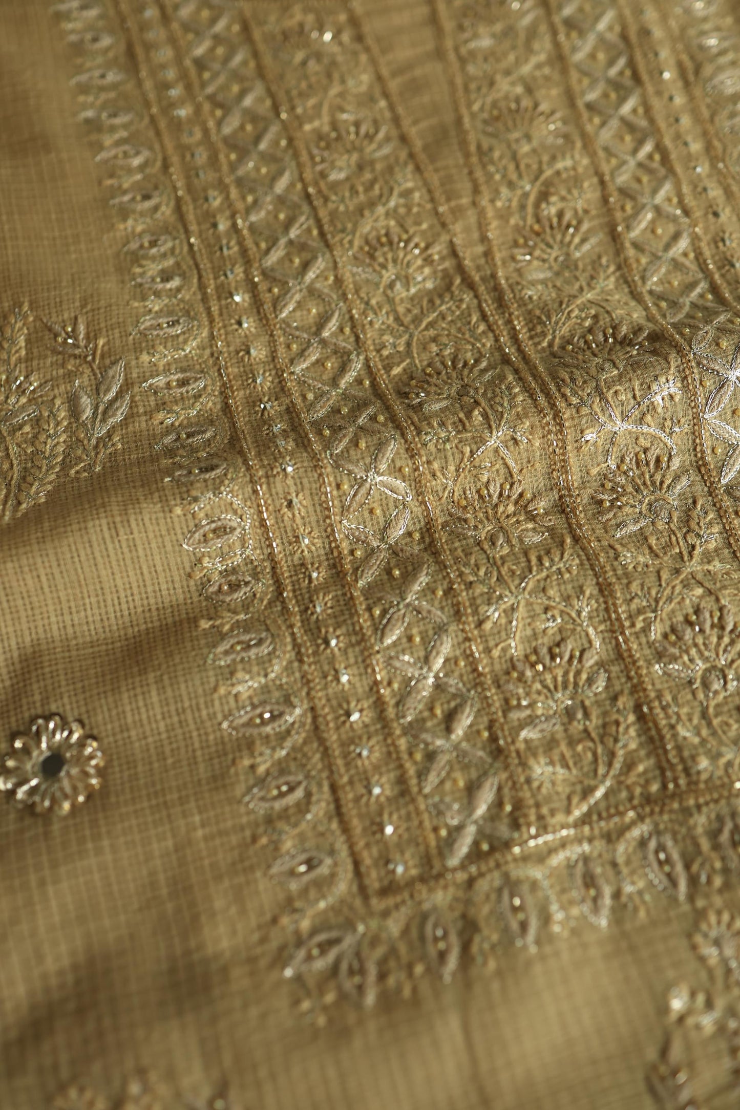 Dark Beige Handloom Kota Chikankari With Mirror Work Unstitched Kurta Dupatta Set