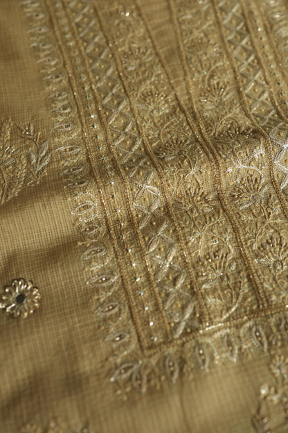 Dark Beige Handloom Kota Chikankari With Mirror Work Unstitched Kurta Dupatta Set